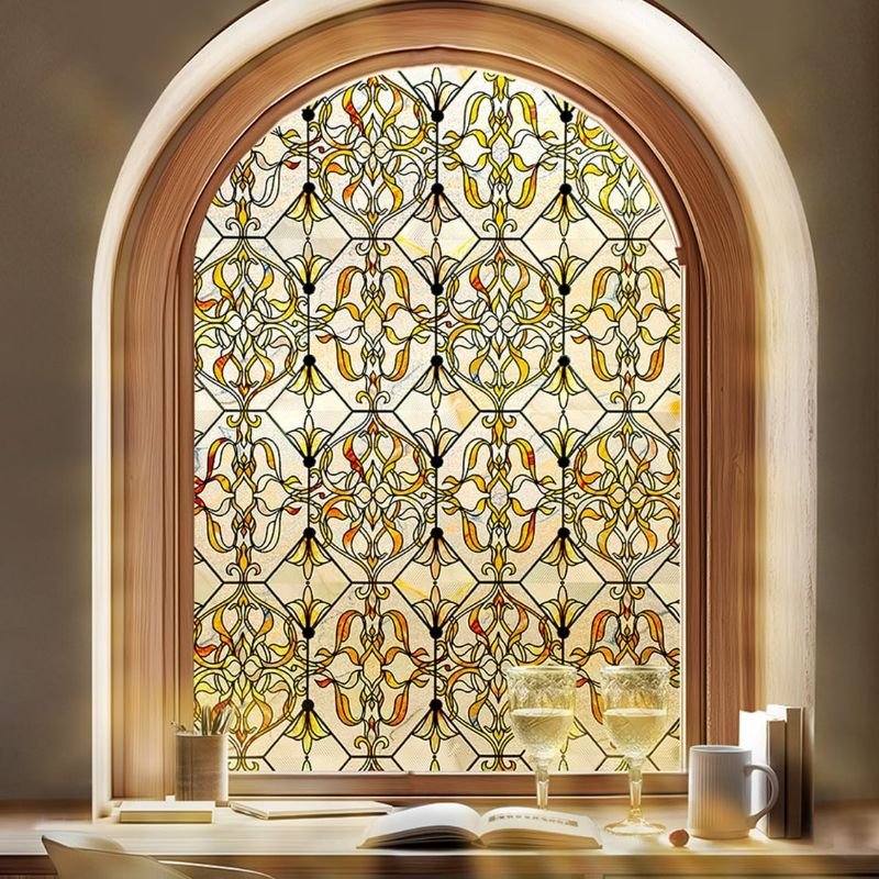 Photo 1 of 3D Stained Glass Window Privacy Film, Heat Control UV Blocking Static Cling Decorative Window Film for Bathroom,Front Door,Home Non Adhesive 23.6 x 35.4 inches Golden Filigree