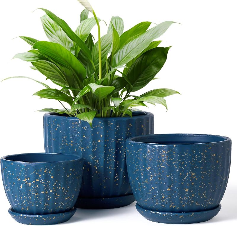 Photo 1 of 4/5/6 Inches Ceramic Plant Pots with Drainage Holes and Saucers, Round Flower Pots for Indoor Plant, Modern Flower Planters Set of 3 (Blue with Dot-Big Size)