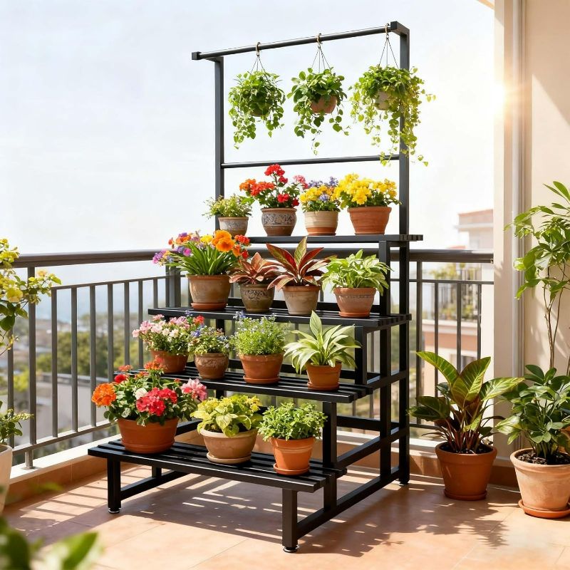 Photo 1 of Large Metal Plant Stand With Hanging Tall Plant Pot Shelf Heavy Duty Ladder Shape Plant Rack Outdoor Courtyard Display Rack For Multiple Plants Plant Shelves For Home/Garden/Balcony(31in)