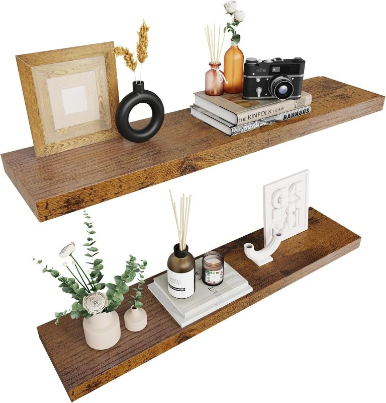 Photo 1 of Colima Bathroom Floating Shelves for Wall, 36" Floating Wall Mounted Shelf, Rustic Wood Storage Display Shelves for Home Organization, Bathroom, Kitchen, Living Room (Set of 2, Rustic Brown)