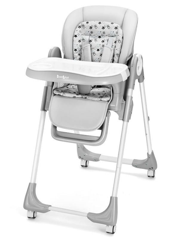Photo 1 of Foldable High Chair with Soft Cushion, High Chairs for Babies and Toddlers, Height Adjustable Feeding Chair, Adjustable Backrest and Footrest, Lockable Wheels, Star Gray