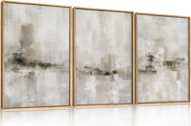 Photo 1 of Abstract Neutral Textured Framed Canvas Wall Art Set, Modern Beige Wall Decor, Minimalist Brown Grunge Wall Painting, Black and White Art Print for Living Room, Bedroom, Office 24"×36"×3