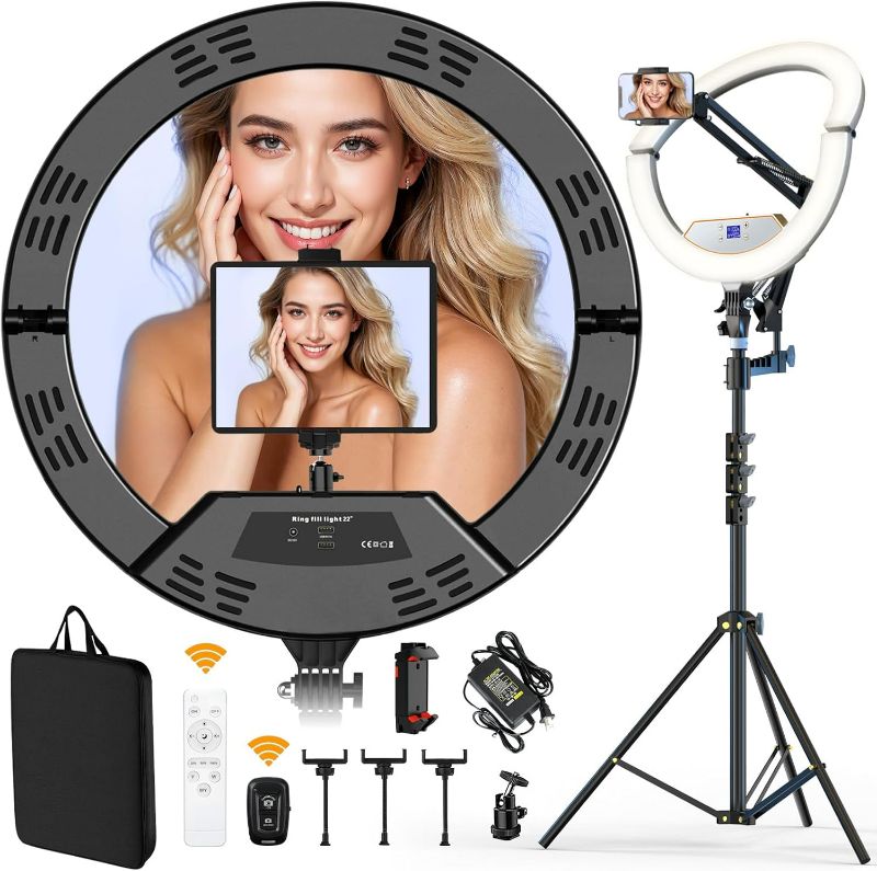 Photo 1 of 22" Foldable Large Ring Light with Stand for iPhone iPad,75" Tripod with Overhead Shooting Bracket 50W 6500K 4 Clips/LCD Display/2 USB PortsTattoo Barber Makeup Studio Video Photography Lighting