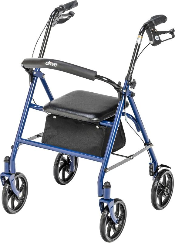 Photo 1 of Drive Medical 10257BL-1 4 Wheel Rollator Walker With Seat, Steel Rolling Walker, Height Adjustable, 7.5" Wheels, Removable Back Support, 300 Pound Weight Capacity, Blue