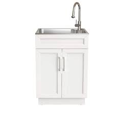 View 1 of 24 in. W x 21 in. D x 51 in. H Drop-In Stainless Steel Laundry Sink with Faucet and Cabinet in White