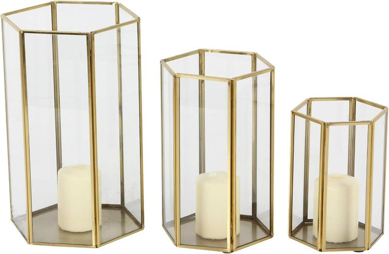 Photo 1 of Cosmopolitan Glass Decorative Candle Lantern with Metal Plate, Set of 3 6", 8", 10"H, Gold