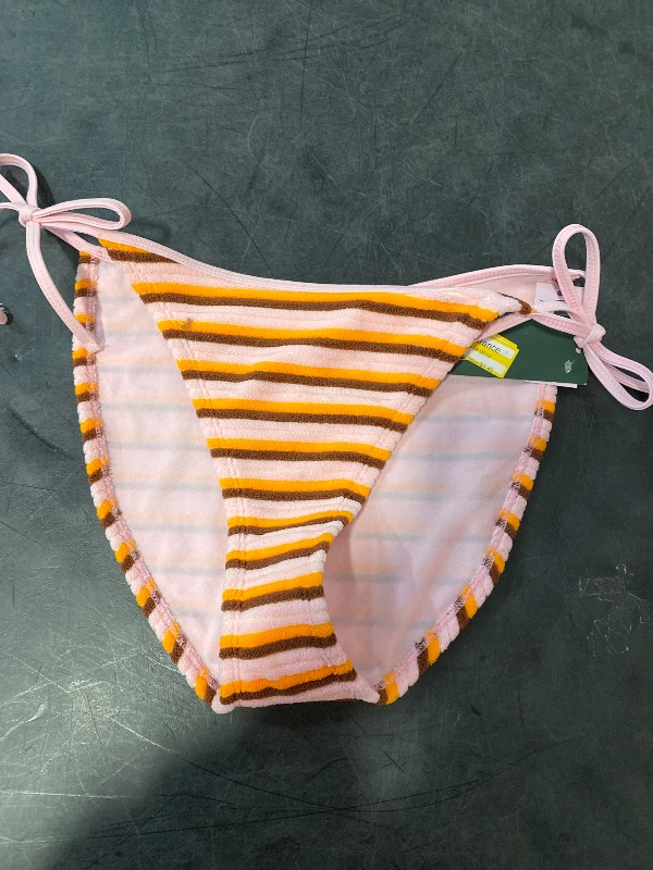 Photo 1 of M Women's Terry Cloth Striped Low-Rise High Leg Cheeky Side-Tie Bikini Bottom Orange