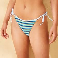 Photo 1 of M Women's Terry Cloth Striped Low-Rise High Leg Cheeky Side-Tie Bikini Bottom Orange