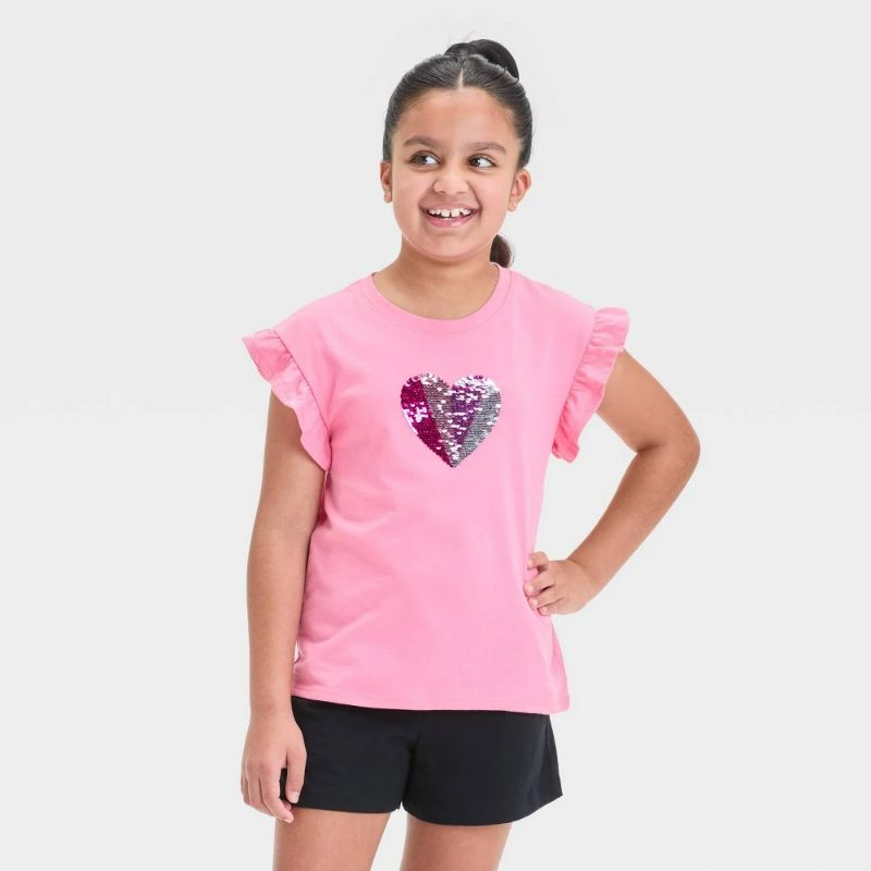 View 1 of L Girls' Short Sleeve 'Heart' Flip Sequin T-Shirt Pink