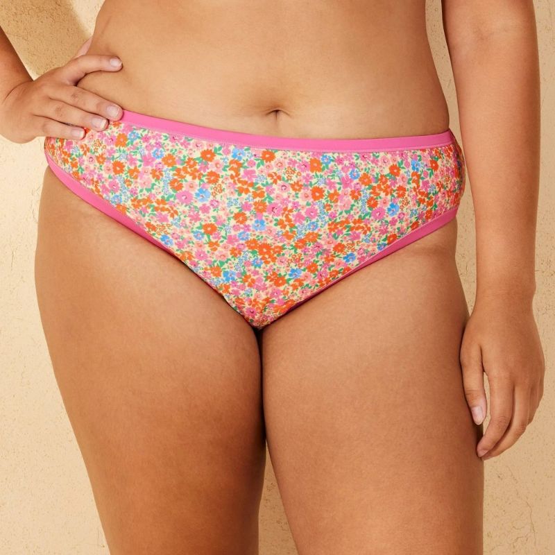 Photo 1 of 1X Women's Mid-Rise High Leg Cheeky Bikini Bottom Pink Floral Print