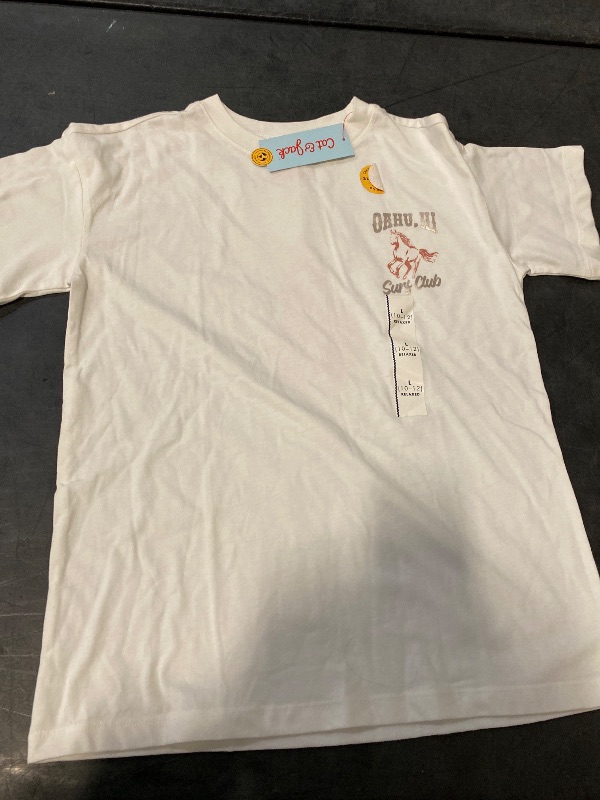 Photo 1 of L Girls' Short Sleeve Oversized 'Cow Girl' Front-Back Graphic T-Shirt Cream Animal Pattern