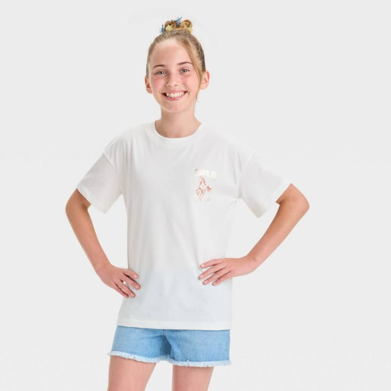Photo 1 of L Girls' Short Sleeve Oversized 'Cow Girl' Front-Back Graphic T-Shirt Cream Animal Pattern