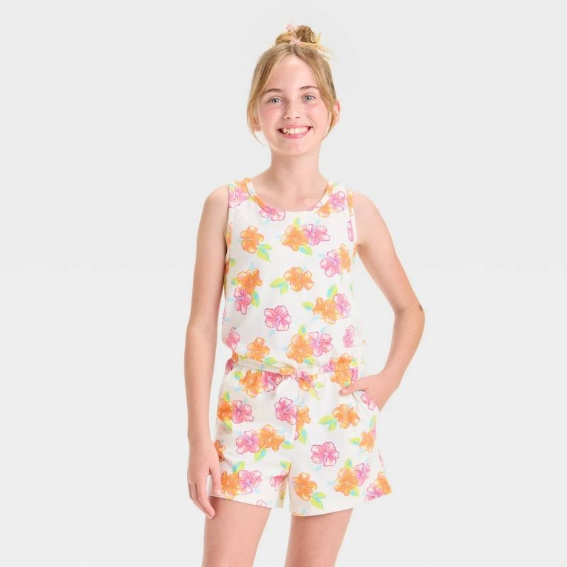 Photo 1 of M Girls' Knit 'Hibiscus Floral' Romper Cream