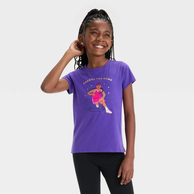View 1 of M Girls' Short Sleeve Basketball Graphic T-Shirt Dark Purple