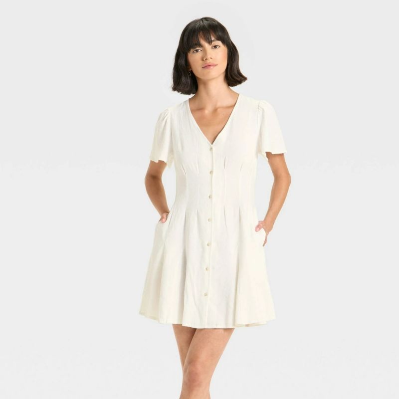 Photo 1 of L Women's Short Sleeve Button-Front Mini a-Line Dress