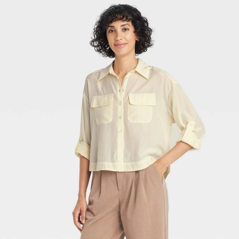 Photo 1 of L Women's Long Sleeve Button-Down Cropped Utility Shirt Cream