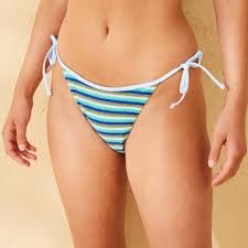 Photo 1 of M Women's Terry Cloth Striped Low-Rise High Leg Cheeky Side-Tie Bikini Bottom