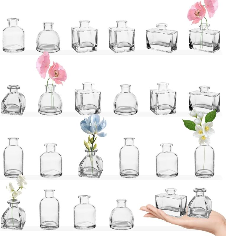 Photo 1 of Mini Glass Vase Bulk, Set of 24 Clear Small Bud Vases for Centerpieces Tiny Glass Flower Vase Small Vase for Rustic Wedding Holiday Home Decor Floral Arrangements
