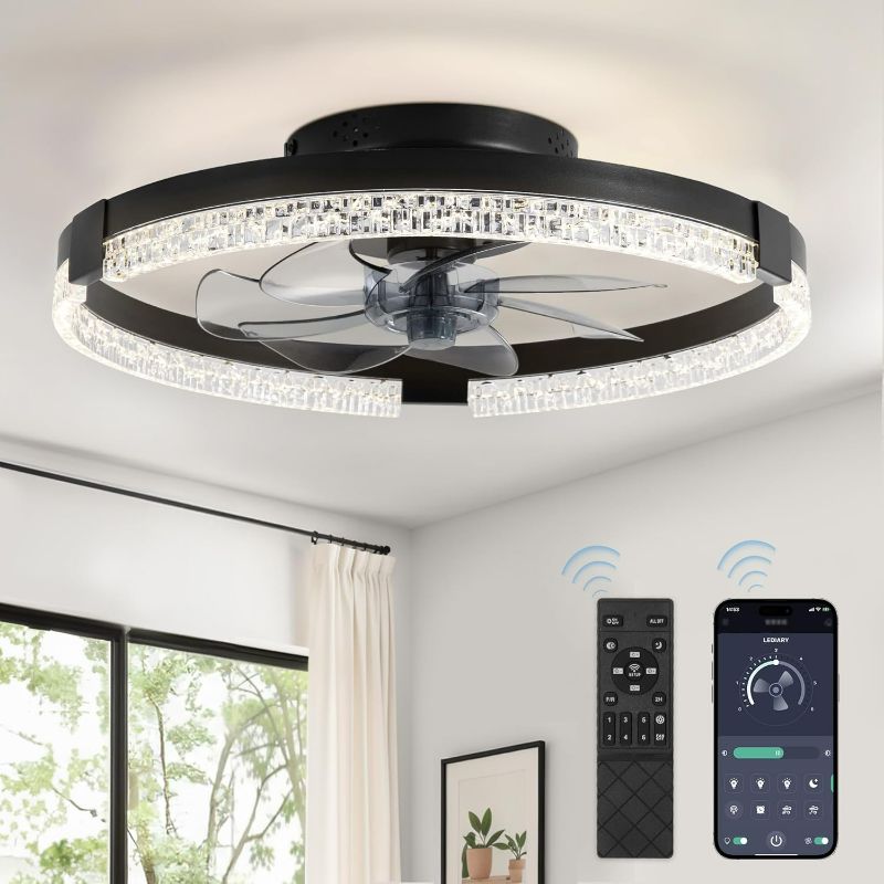 Photo 1 of Flush Mount Ceiling Fan with Lights and Remote, 19.7'' Low Profile, 3000-6000K Dimmable Fandelier, 6 Wind Speeds, Black Modern LED Fan Light for Bedroom