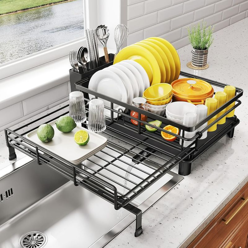 Photo 1 of Dish Drying Rack - Extendable Dish Rack, Large Sink Drying Dish Drainer for Kitchen Counter, Stainless Steel Dish Strainer with Utensil Holder (Black)
