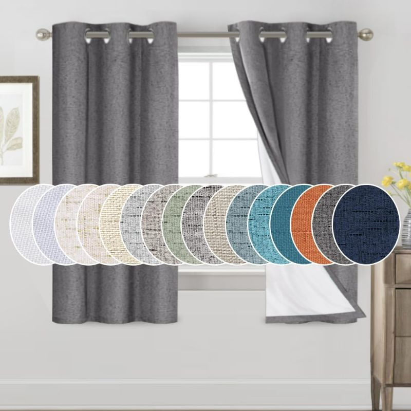 View 1 of PrinceDeco Blackout Curtains 64" Long 2 Panels Set 100% Blackout Curtains for Bedroom Grommet Top Thermal Insulated with White Liners Flax Textured Full Blackout Window Draperies,W42 X L64, Grey