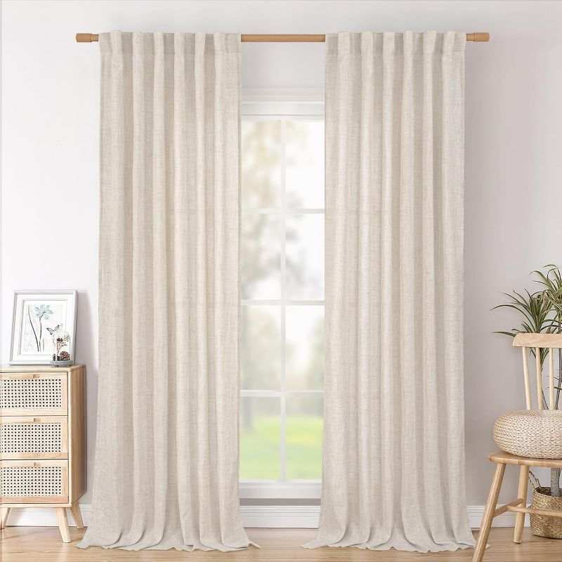 Photo 1 of 96 Inches Long Linen Semi Sheer Curtains for Living Room 2 Panel Set, Light Filtering Drapes Natural Textured with Rod Pocket Back Tab for Farmhouse Bedroom, Each Panel 52 Inch Wide