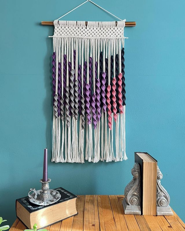 View 1 of Knots & Beyond Purple Macrame Wall Hanging with Driftwood Dowel, Bohemian Tapestry Wall Art with Rod, Boho Wall Decor Above Bed, 22" x 32"