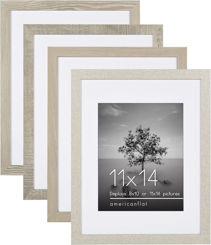 Photo 1 of 11x14 Picture Frame Set of 4 - Use as 8x10 Picture Frame with Mat or 11x14 Frame Without Mat - Rustic Picture Frames with Textured Engineered Wood and Hanging Hardware for Wall Decor