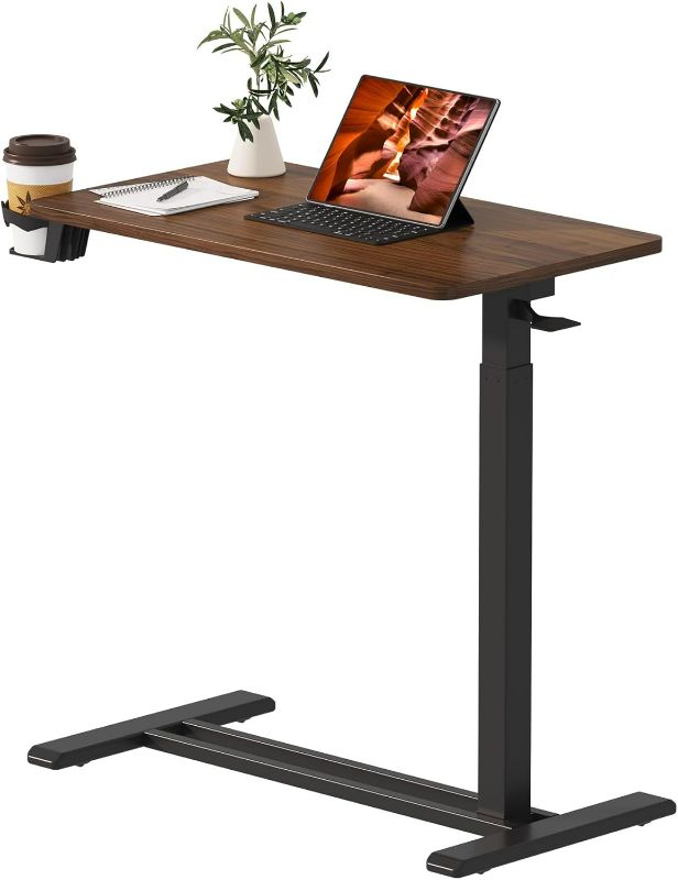 Photo 1 of Medical Overbed Adjustable Bedside Table with Hidden Casters, Pneumatic Mobile Rolling Laptop Standing Desk with Tray for Home and Hospital Use, Mahogany