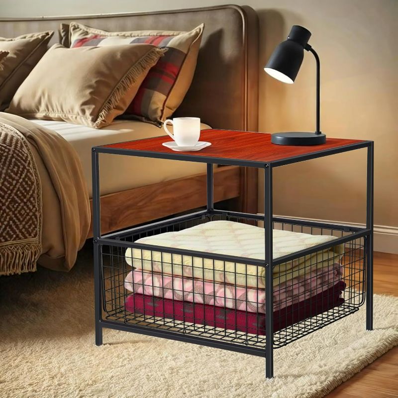 Photo 1 of End Table, 20 Inch Square Side Table w/Mesh Storage Basket, 2-Tier Nightstand Storage Shelf Metal Frame for Living Room Bedroom Kitchen Family and Office