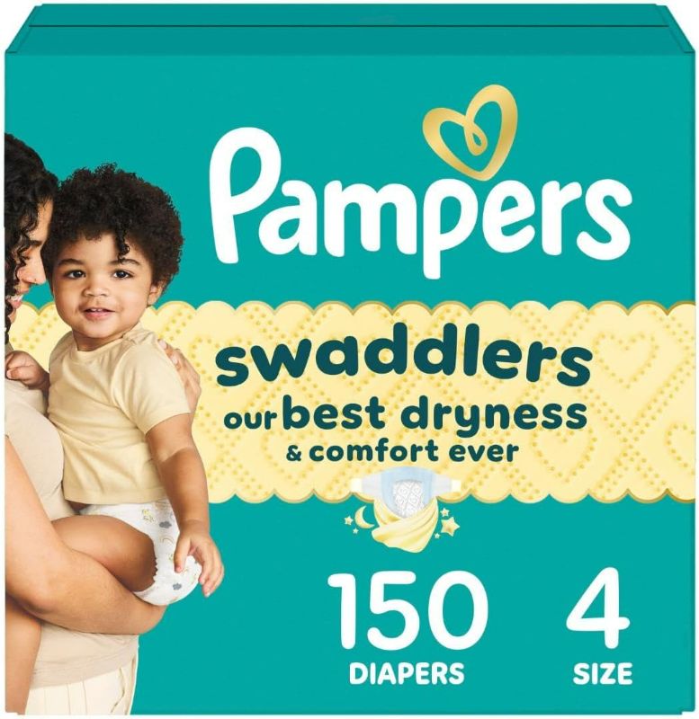 Photo 1 of Pampers Swaddlers Diapers, Size 4 (15-34 lbs), 150 Count, Absorbent, Keeps Baby Dry and Comfortable, Skin Safe Disposable Baby Diaper (Packaging May Vary)