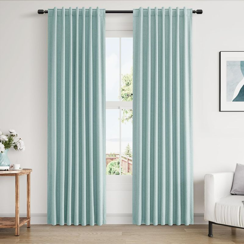 Photo 1 of 100% Blackout Linen Curtains 84 Inch Length 2 Panels Set for Living Room Bedroom Back Tab Thermal Insulated Black Out Linen Drapes Room Darkening Window Curtains 84 Inches Long,Light Blue
