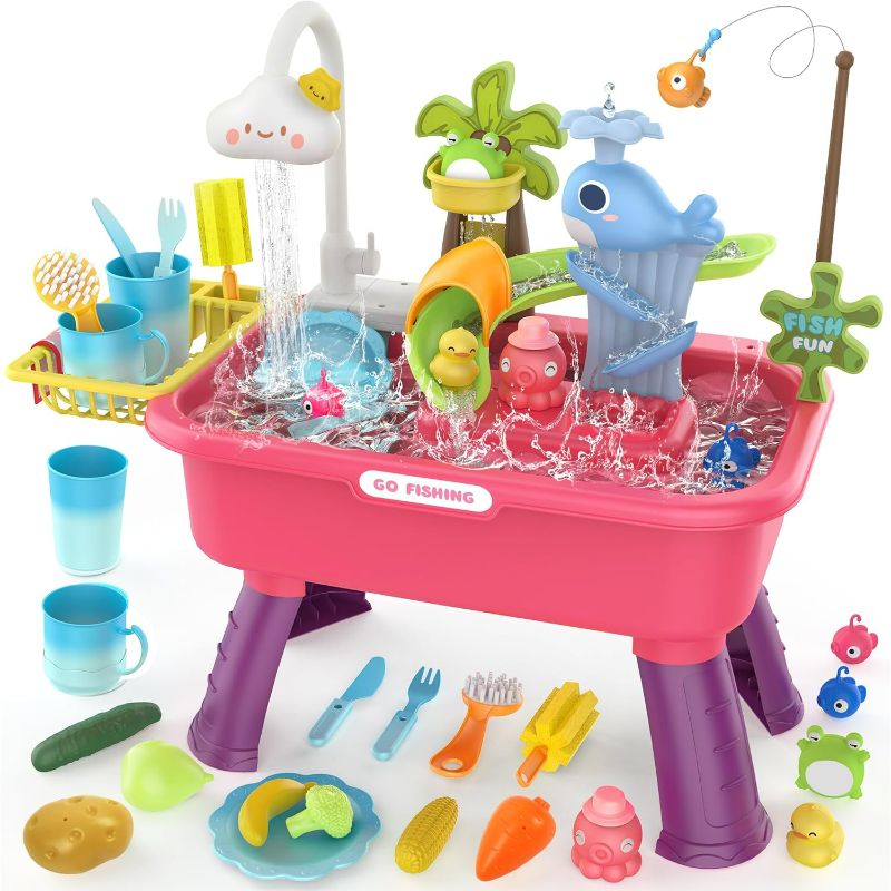 Photo 1 of Color Changing Kitchen Play Sink Toys with Running Water for Kid,4-in-1 Electric Dishwasher Playing Toy with Animals, Food, Tableware Accessories,Pretend Role Birthday Toy for Boy and Girl