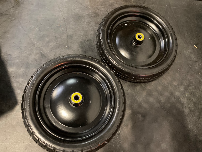 Photo 1 of 13" Tire Compatible with Gorilla Cart, 4.00-6 Flat Free Solid Tire and Wheel (Solid Polyurethane) for Wagon,Wheelbarrow,Yard Trailers-5/8" Bearings,Offset Hub 2.1" (2 Pack)