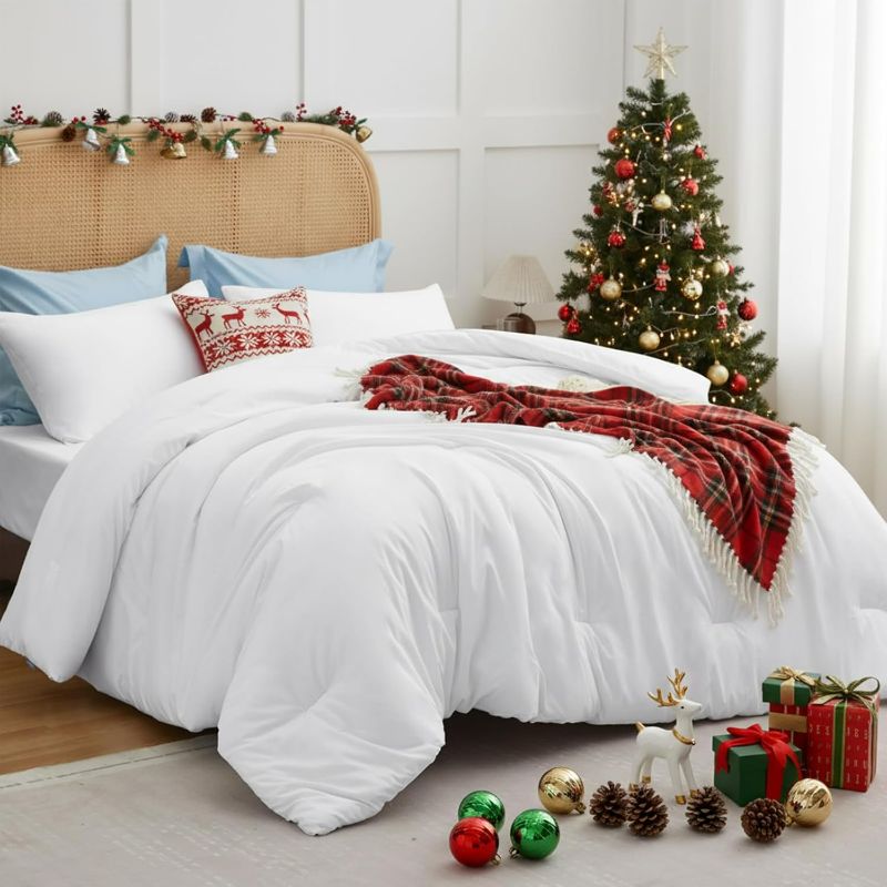 Photo 1 of CozyLux White Queen Comforter Set, 3 Pieces Solid Breathable Quilted Boho Style Bedding Sets, Luxury Fluffy Soft Bed Set with Down Alternative Comforter for All Season (1 Comforter & 2 Pillowcases)