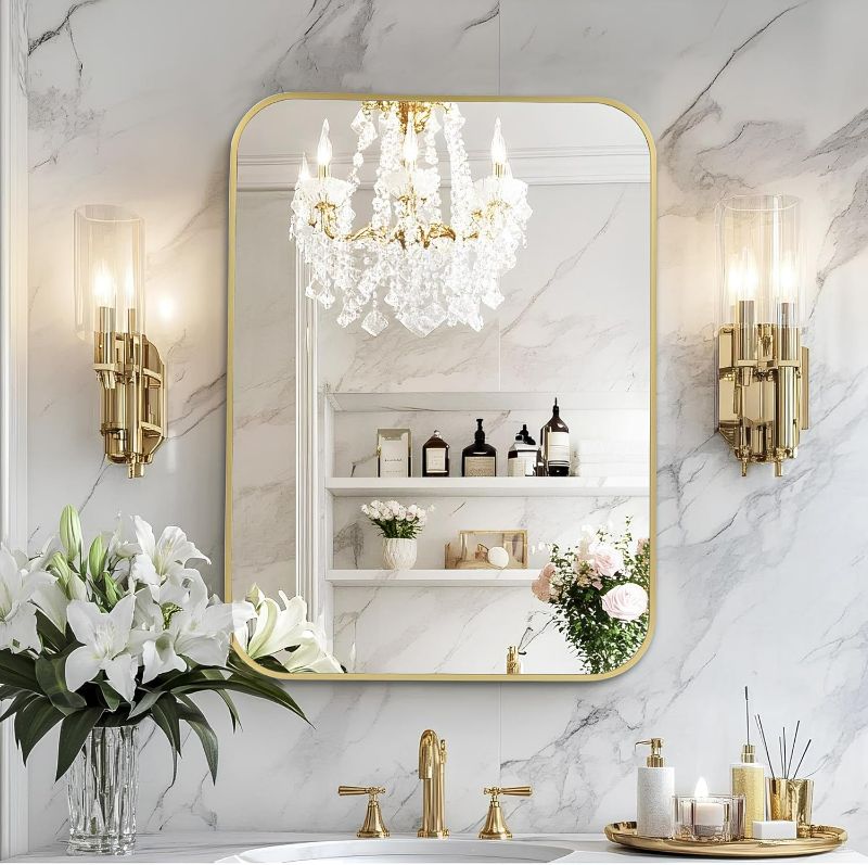 Photo 1 of 24x32 Inch Gold Bathroom Mirror – Brushed Gold Rectangular Vanity Mirror, Wall-Mounted, Anti-Rust Metal Frame, Tempered Glass, Vertical & Horizontal Hanging
