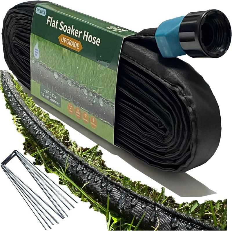 Photo 1 of 2025 Flat Soaker Hose 25 ft with Stakes for Garden, 25ft Linkable Drip Hose Diy Garden Irrigation System Saving 80% Water, Dual-layer Leak-free Design Water Hose with Holes