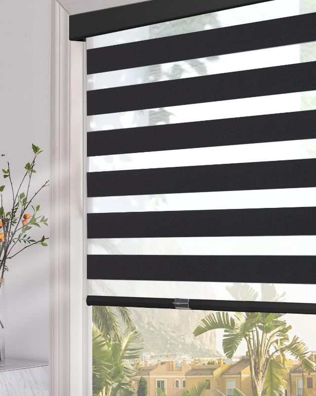 Photo 1 of Persilux Cordless Zebra Blinds (35" W x 72" H, Black) for Windows with Upgraded Cassette Light Filtering Dual Layers Sheer Roller Blinds Thermal Insulated for Office, Living Room