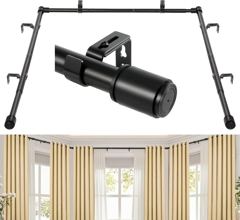 Photo 1 of 1 Inch Bay Window Curtain Rods Corner Curtain Rods Set 30-87 Inch Center Rod for Windows 30-63 Inch Side Rods,Curtain Rods Set (Black)