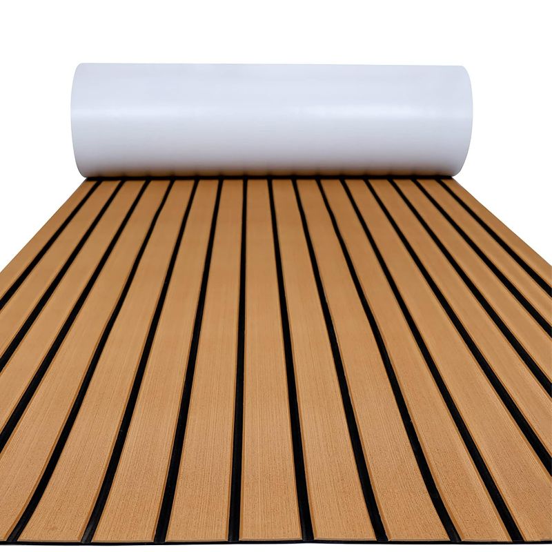 View 1 of Boat Flooring EVA Foam Boat Decking Faux Teak Marine Flooring Marine Mat Sheet for Motorboat RV Yacht Kayak Surfboard, 94.5''x 47.2'', Brown with Black Lines
