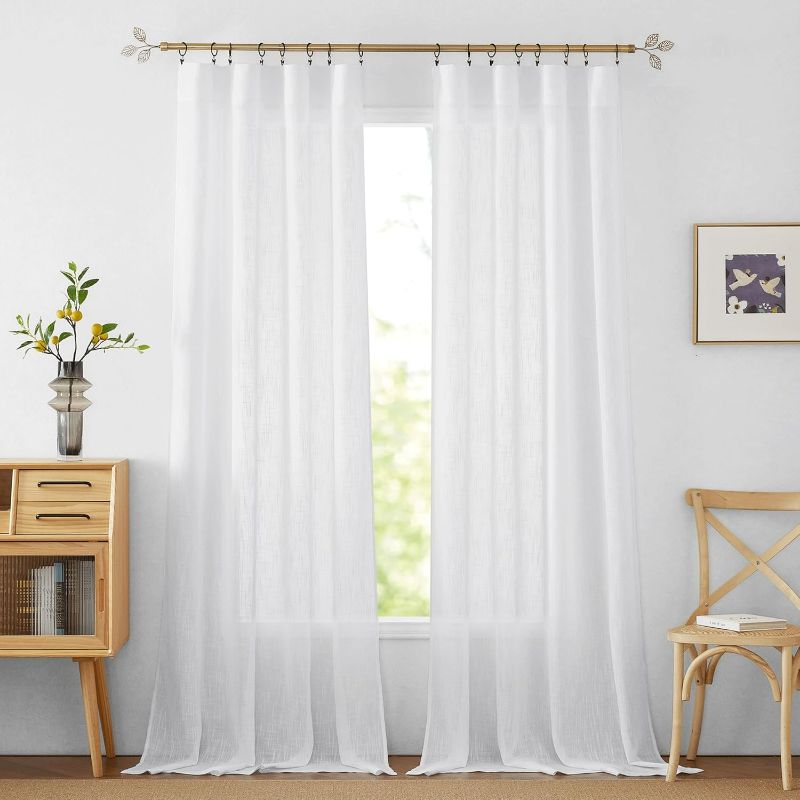 Photo 1 of White Sheer Curtains for Living Room - Privacy Linen Fabric Semitransparent Farmhouse Country Curtains Light & Airy for Patio Door Bedroom Bay Window, W 52 x L 90 inch, 2 Panels