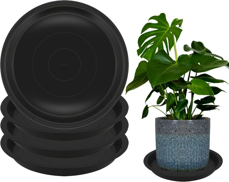 Photo 1 of 4 Pack 16 Inch Round Plant Saucers for Less 14 Inch Pot Indoors Outdoors Plant Trays for Pots Planter Saucer Plastic Drip Tray Planter Water Tray(Black, 16"(4pcs))