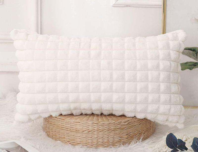 View 1 of Faux Fur Decorative Long Lumbar Throw Pillow Covers 12 x 24,3D Plaid Pattern Plush Long Boho Rectangle Pillow Covers Pillow Case Cushion Case for Bed Sofa Bedroom Livingroom,White