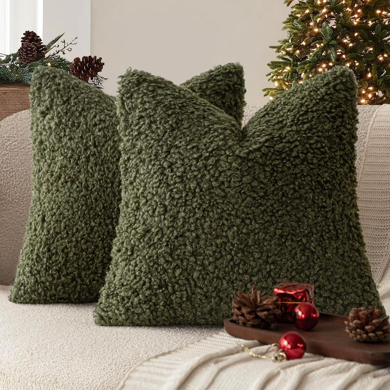 Photo 1 of 2 Pieces 22x22 Inch Olive Green, Faux Fur Throw Pillow Cover Accent Sherpa Furry Pillow Covers Fuzzy Soft Pillowcases Cozy Sheepskin Decorative Fleece Cushion Case for Bed Couch Living Room