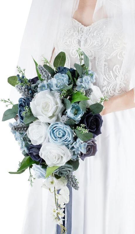 Photo 1 of 10 Inch Dusty Blue Wedding Bouquets for Bride Artificial Roses Flower Cascading Cascade Bridal Bouquet for Rustic Boho Fall Vintage Wedding Ceremony Party and Anniversary