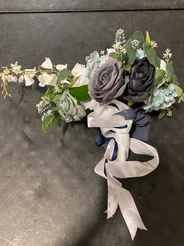 Photo 1 of 10 Inch Dusty Blue Wedding Bouquets for Bride Artificial Roses Flower Cascading Cascade Bridal Bouquet for Rustic Boho Fall Vintage Wedding Ceremony Party and Anniversary