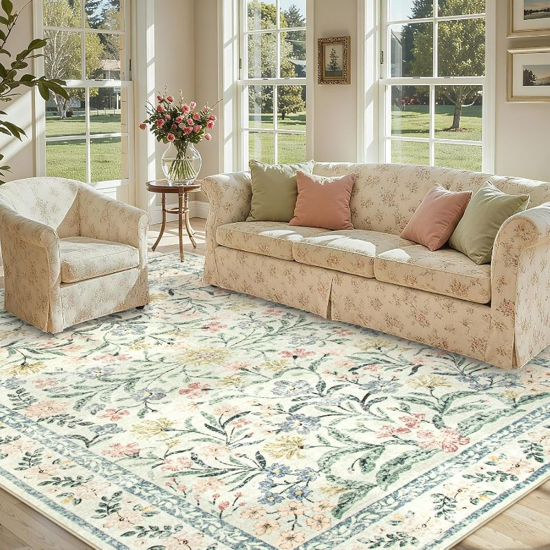 Photo 1 of Boho Rugs for Living Room, Washable Large 8 x 10 Area Rugs for Bedroom Non Slip, Soft Ultra-Thin Distressed Floral Throw Carpet for Office Dining Room, Cream/Multi