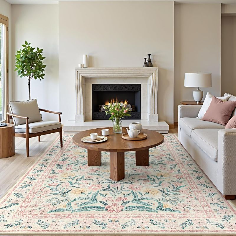 Photo 1 of Floral Large Rugs for Living Room, Soft Light Pink Rug Washable 9x12 Carpet Non Slip, Boho Foldable Non-Shedding Kids Carpet for Bedroom Girls Nursery Dorm Playroom