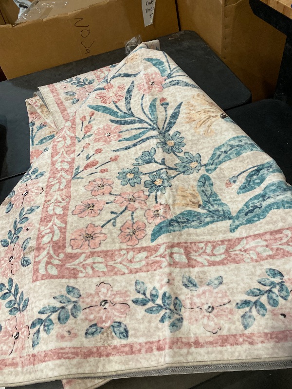 Photo 1 of Floral Large Rugs for Living Room, Soft Light Pink Rug Washable 9x12 Carpet Non Slip, Boho Foldable Non-Shedding Kids Carpet for Bedroom Girls Nursery Dorm Playroom