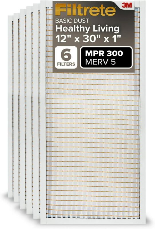 Photo 1 of Filtrete 12x30x1 Air Filter, MPR 300, MERV 5, Clean Living Basic Dust 3-Month Pleated 1-Inch Air Filters, 6 Filters
